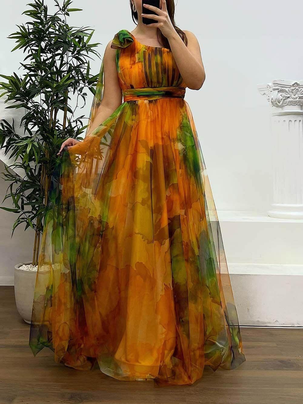Robe de Soirée Grande Taille en Mousseline Imprimée à Une Épaule thumbnail