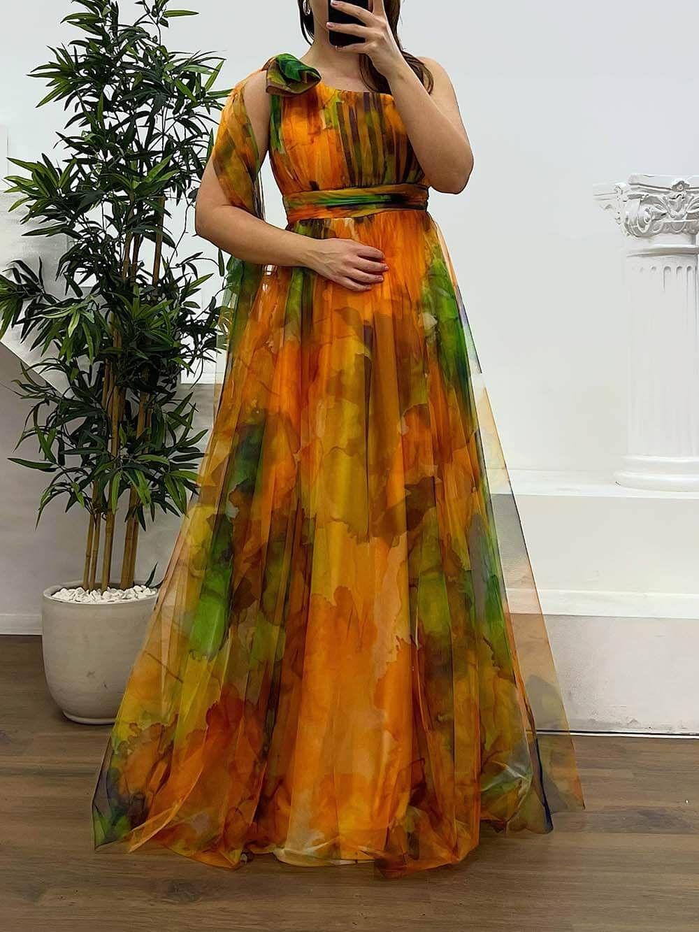 Robe de Soirée Grande Taille en Mousseline Imprimée à Une Épaule thumbnail