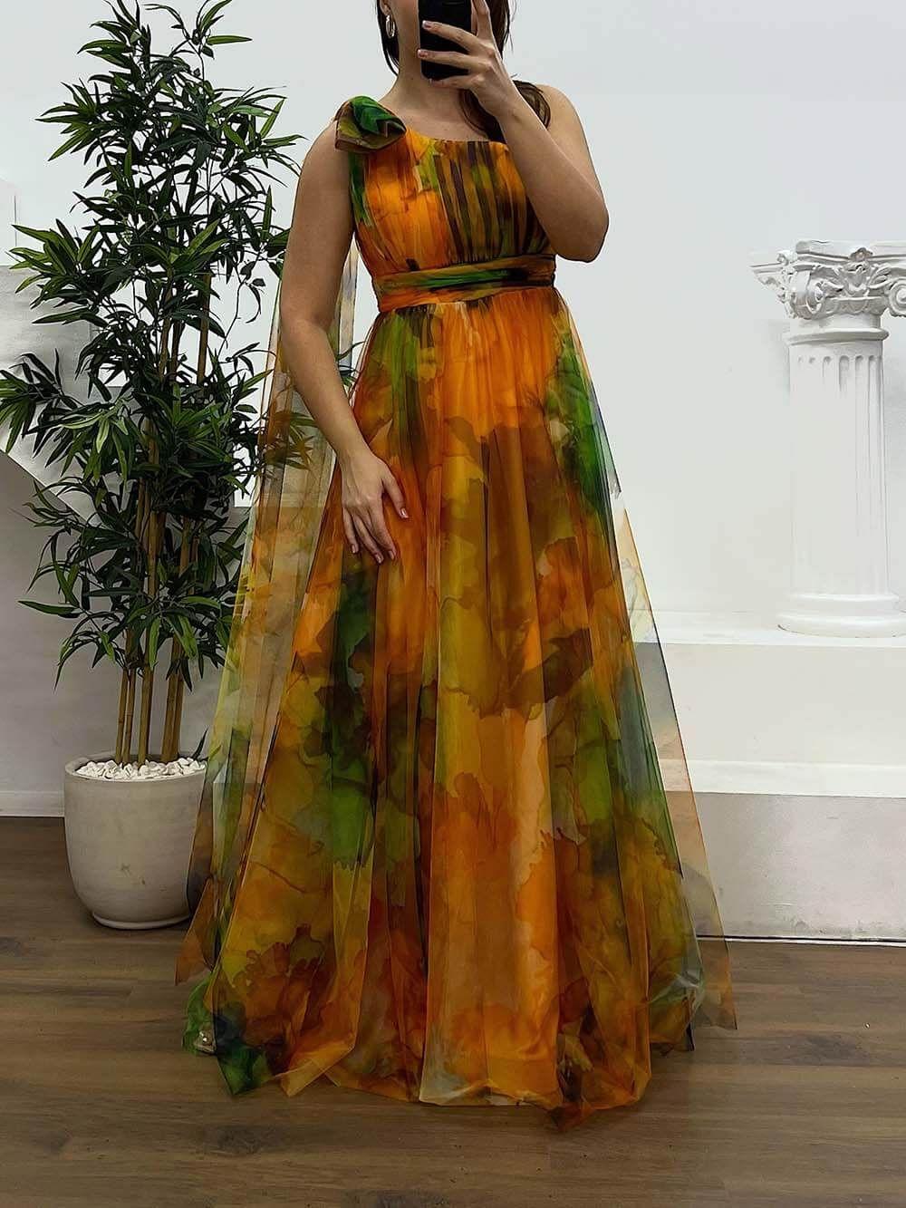 Robe de Soirée Grande Taille en Mousseline Imprimée à Une Épaule thumbnail