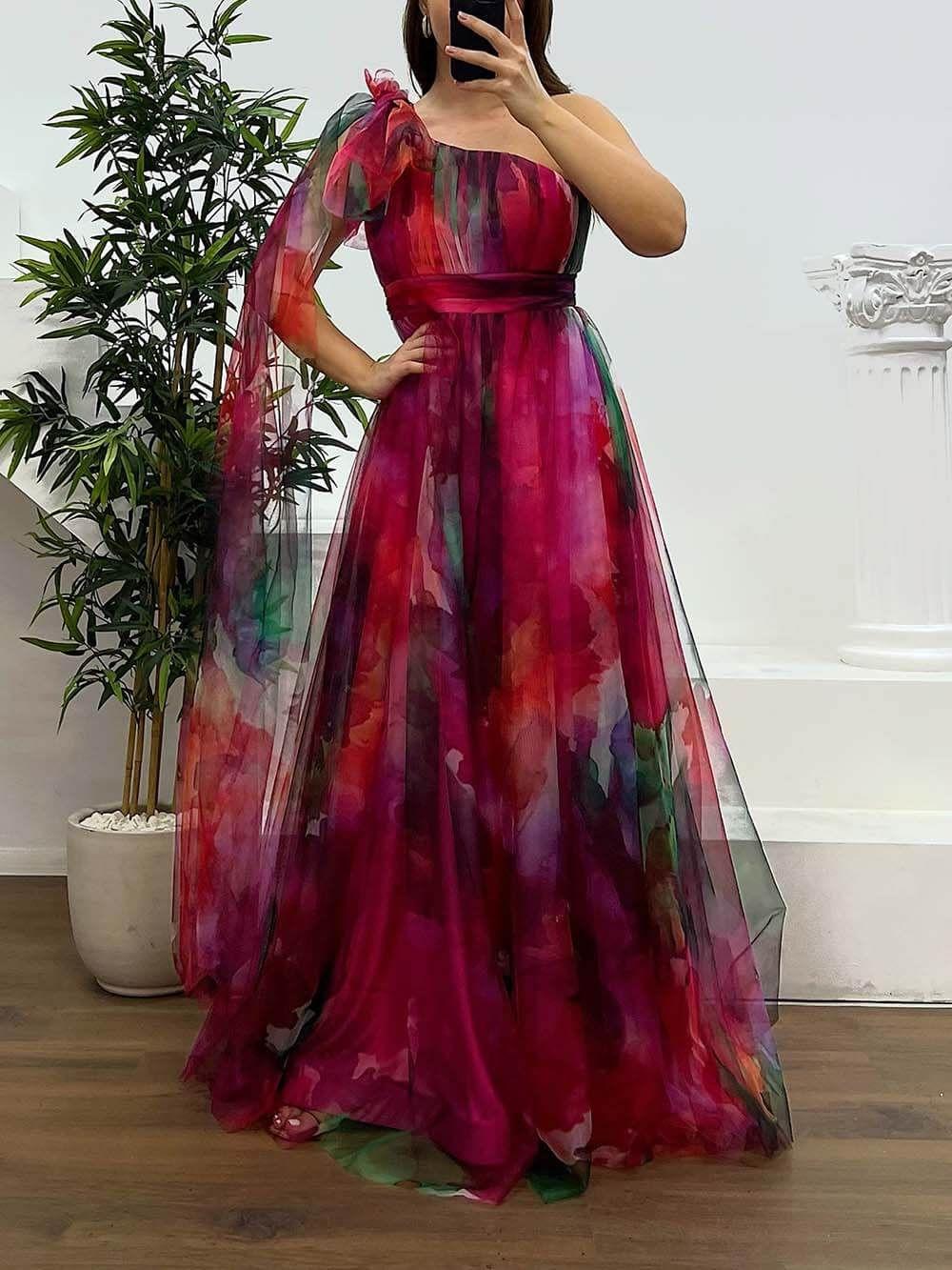 Robe de Soirée Grande Taille en Mousseline Imprimée à Une Épaule thumbnail