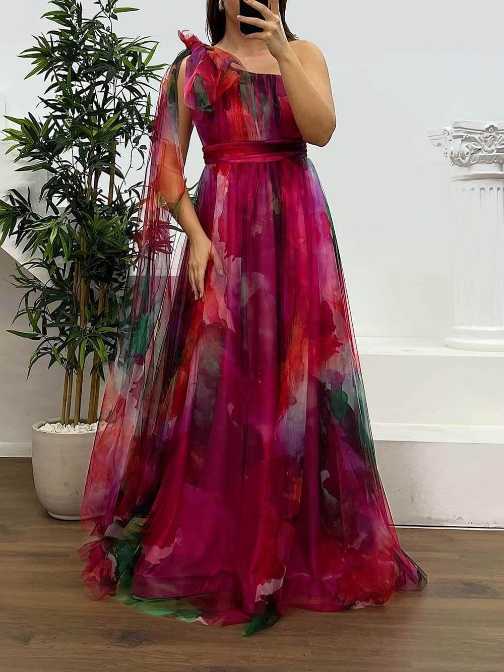 Robe de Soirée Grande Taille en Mousseline Imprimée à Une Épaule thumbnail