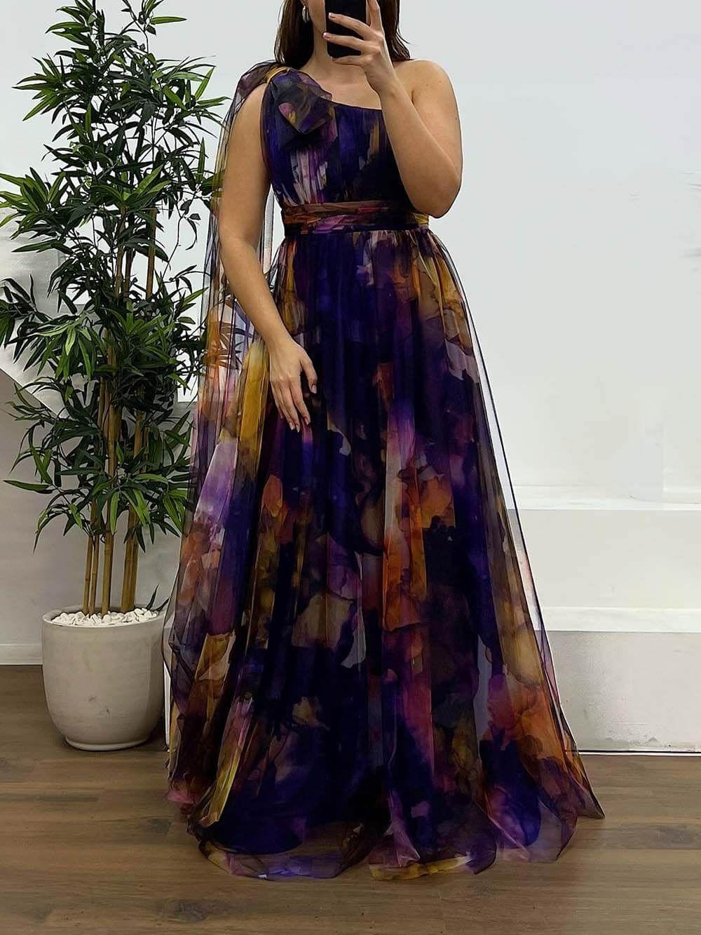 Robe de Soirée Grande Taille en Mousseline Imprimée à Une Épaule thumbnail