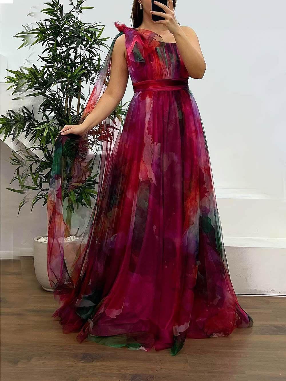 Robe de Soirée Grande Taille en Mousseline Imprimée à Une Épaule thumbnail