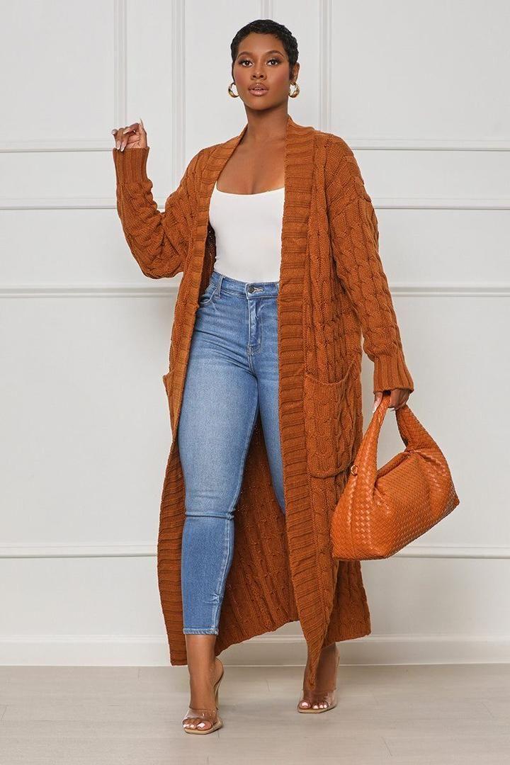 Manteau cardigan femme — Tricot torsadé loose, coupe longue tendance thumbnail