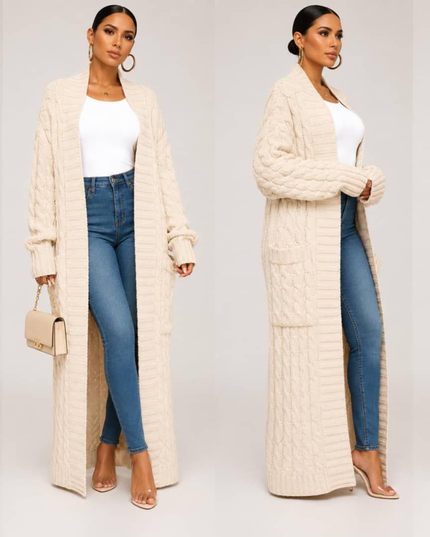 Manteau cardigan femme — Tricot torsadé loose, coupe longue tendance thumbnail