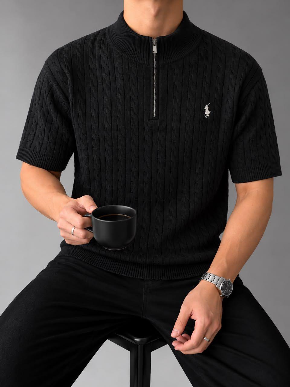 Polo Ralph Lauren en maille torsadée col zippé – Manches courtes