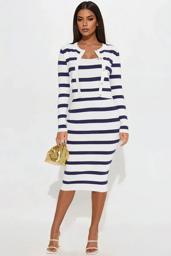Ensemble Robe Pull Rayée Midi Christiana – Navy/Combo – Fashion Nova