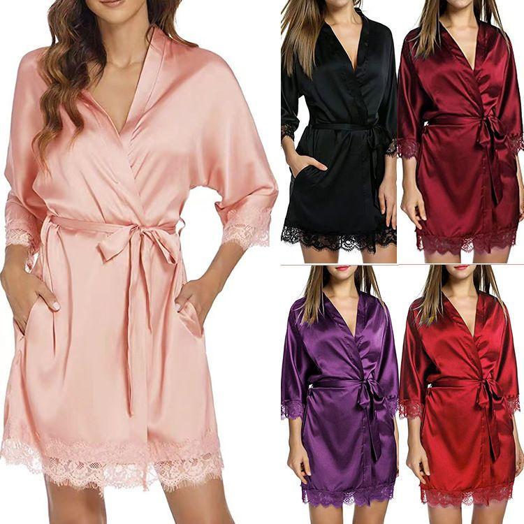 Pyjama 2 Pièces Femme — Robe Dentelle Florale & Short Satiné Manches Longues