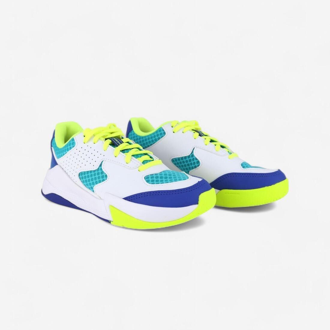Chaussures de volley-ball vs100 confort à lacets blanche/blue et vert.
