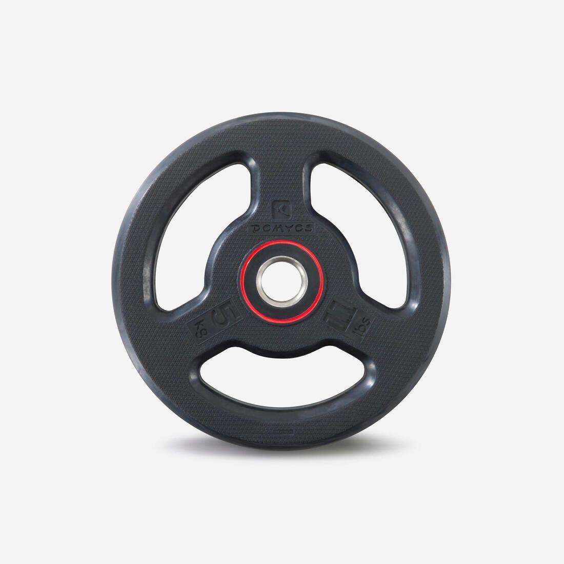 Disque musculation en caoutchouc 5kg 28mm avec poignées, fonte en partie recyclé