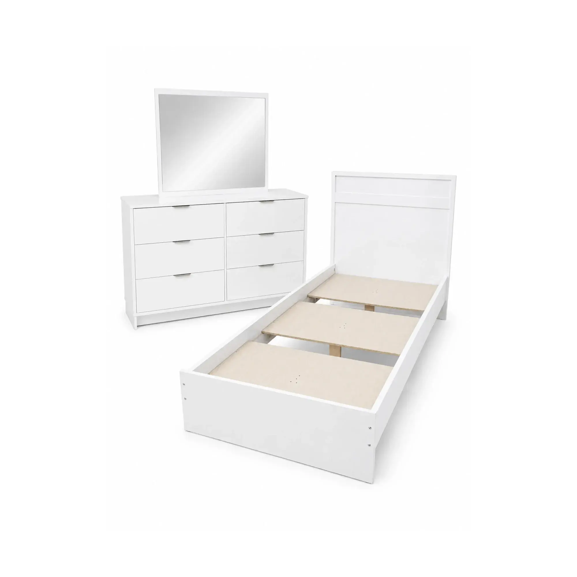 Ensemble lit 190 x 90 cm + coiffeuse avec miroir - Blanc brillant