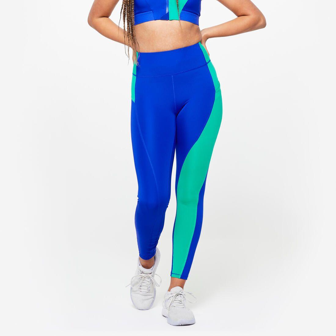 Legging de sport taille haute avec empiècement femme, noir et bleu