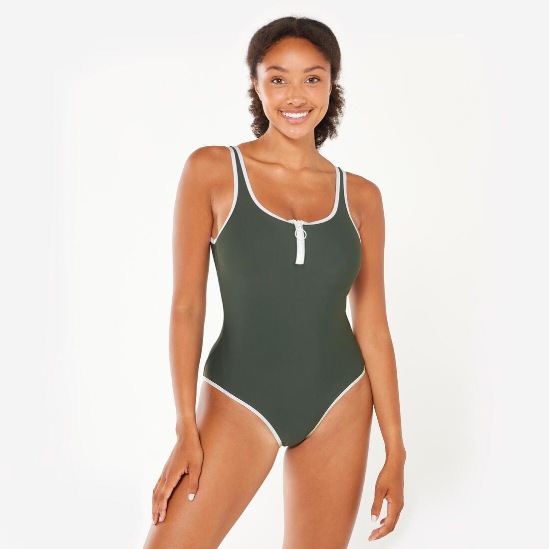 Maillot de bain 1 pièce natation loisirs femme, Heva Joy zip kaki