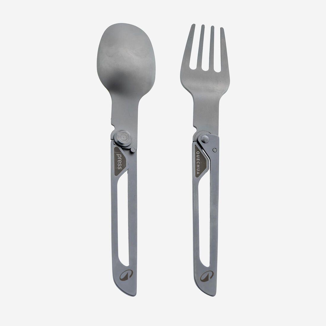 Set 2 couverts pliants 900, fourchette + cuillère, en acier inox pour le camping
