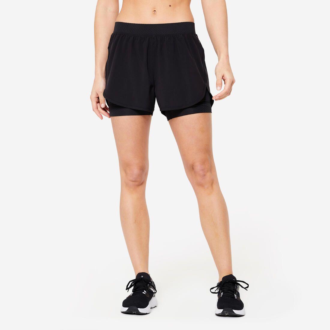 Short de fitness double couche femme, noir
